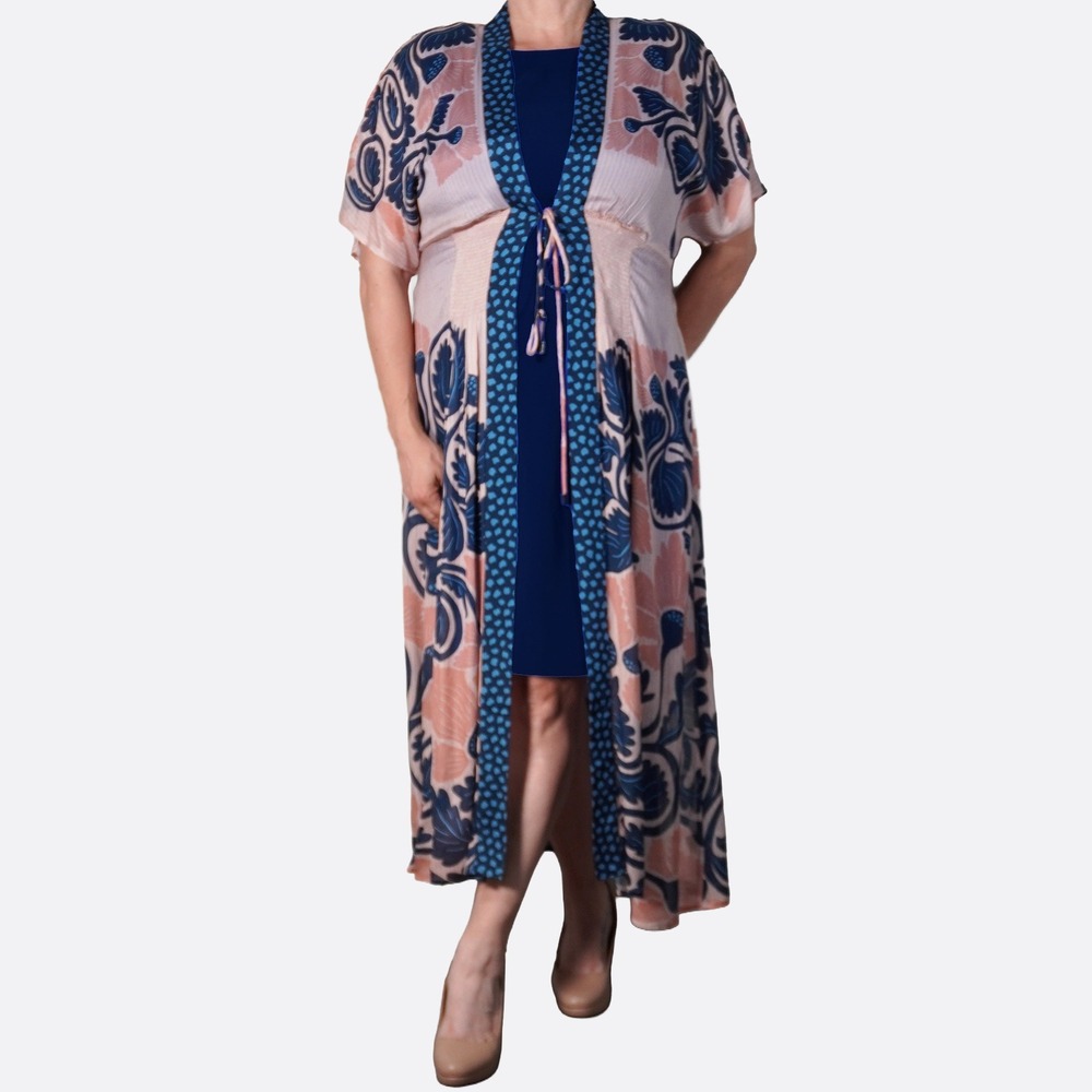 Blank London 100% Viscose Floral Navy Peach Maxi Duster Kimono O/S fits XL/1X
